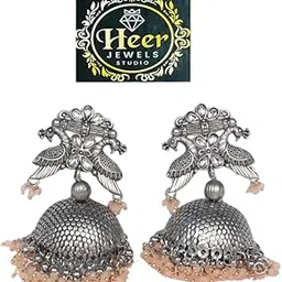 heer jewels studio Silver Oxidised Jhumka Earrings with Red Beads, Traditional Peacock Design-picture-47