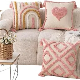 Banjara Modern Boho Square Throw Pillow Covers 20 x20 inch -Set Off 3 Simple Geometric Textured Pattern Decorative Cushion for Sofa Pillow Cover Bed Living Room (Pink) (3, 20 x 20)-image-50