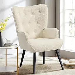 Furniliving Modern Accent Chair, Sherpa Upholstered Living Room Chair Arm Chairs with Solid Metal Legs, Tufted-Button Design Reading Chair, Sofa Chair for Bedroom, Living Room, Office, IvoryWhite-image-25