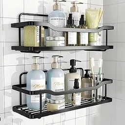 KYMIO Black Shower Caddy Shelf Organizer for Bathroom Wall – No-Drill Rustproof Storage Rack with Hooks – Strong Adhesive Mount – Space-Saving Shower Basket for Shampoo, Conditioner, Toiletries-image-37