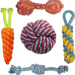 PET WORLD Dog Toys | Dog Chew Toys + Puppy Teething Toys + Rope Toys + Toys for Small to Medium Dog | Washable Cotton Toys | Multi Colour Toys (Pack of 5)-picture-29