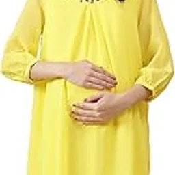 oxolloxo Women Maternity Solid Yellow Round Neck with Embellished Detail 3/4 Sleeve Knee-Length Dress image 1