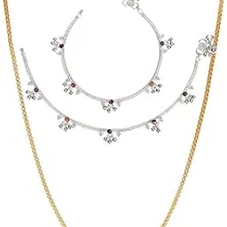 aanyacentric Latest Silver Plated Anklets Pair & 22inch Gold Plated Chain - Stylish Women's and Girls' Accessories-picture-57