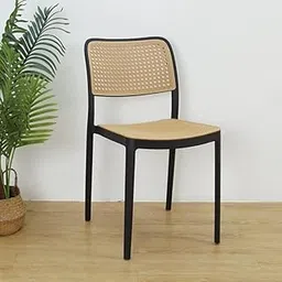 Creative Contemporary Indoor Dining Chair with a Sturdy Black Base, Beige Woven backrest, and seat, Designed for Easy Stacking and Storage. (Pack of 1) (Black)-picture-25
