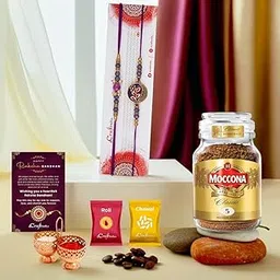 eCraftIndia Rakhi Gift Hamper | Set of 2 Purple Floral & Pearl Designer Rakhi for Brother | Moccona Classic Medium Roast Instant Coffee | Raksha Bandhan Greeting Card | Roli Chawal Pack-image-3