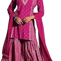 janasya Women's Pink Rayon Gold Foil Printed Kurti with Sharara & Dupatta Set-picture-26