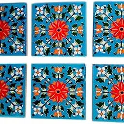 SHIV KRIPA Blue Pottery Floral Handmade Tabletop Interior Exterior Flooring Wall Kitchen Washroom Tile Decorative Mosaic Tiles 4 x 4 Inch Set of 6 Tiles (Multi)-picture-23