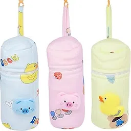 THE LITTLE LOOKERS Soft Plush Stretchable Baby Feeding Bottle Cover with Easy to Hold Strap | Cute Animated Overall Print Pack of 3 (Multicolor, Zip Closure 330ml) Print May Very-picture-13