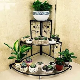 Skaffix Floral Corner Shelf Metal Flower Pot Rack 3-Tier Plant Stand with Stair-Step Style Display Ladder for Indoor/Outdoor Garden Balcony (Black)-picture-26