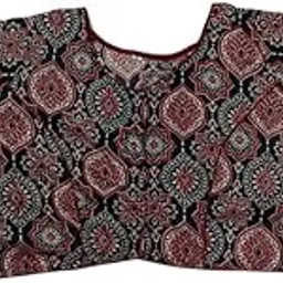 Shyam Sundar Handicraft Traditional Ajrakh Print Cotton Blouse, Short Sleeve Crop Top, Black and Red Floral Pattern-image-54