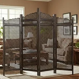 4-Panel Wooden Room Divider, Dark Brown Lattice Screen, Decorative Privacy Partition with Curved Top, Foldable Room Separator-picture-48