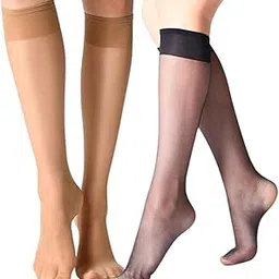 flavizo Women’s Summer Stockings | Above Knee Compression Stockings | Skin Colour Socks & Stylish Net Leggings | Lightweight Summer Wear Stockings 2 Pairs (Skin & Black)-picture-27