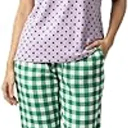 putchi Round Neck Short Sleeves Knitted Slip-On Women’s Cotton Printed Nightwear Set (Top & Pyjama) - Lavendar Purple-picture-18