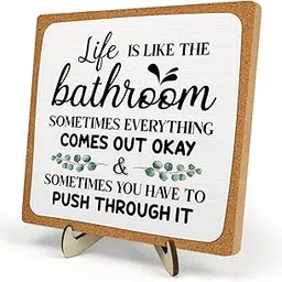 Bathroom Decor, Vintage Bathroom Wood Plaque Sign, Life is Like The Bathroom Sign Desk Decor, Farmhouse Decor for Shelf Bathroom Toilet Home Decor 5.9x5.9 Inch (White-1)-image-91