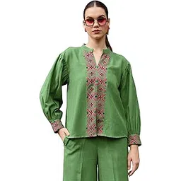purvaja Women’s Shirt Style Puff Sleeve Mandarin Collar Solid Top-picture-35