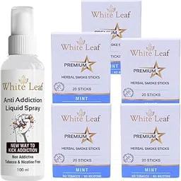 White Leaf Tobacco & Nicotine-Free Premium Herbal Cigarette Mint Flavour, Pack of 5(100 Sticks With 100ML Shot) image 1