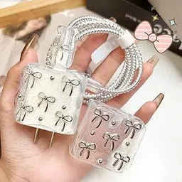 Best HUB Cable Protector with 3D Cute Pattern for iPhone Charger only 18W & 20W, Data Charging Cable Wire Saver Protective Cable Cover Full Protection Cable Sleeve - Set of 1 (Silver-Short-Bow)-picture-14
