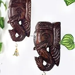 Timberdec Wooden Elephant Head Wall Décor with Brass Bell – Handcrafted Traditional Wall Hanging for Home, Living Room, Pooja Room (Set of 2)-picture-23