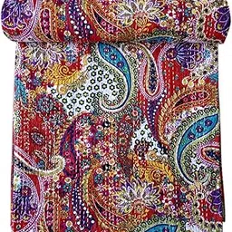 Kirti Textile and Handicraft Cotton Paisley Queen Size Handmade Bedspread Kantha Coverlet (Multicolour)-picture-36