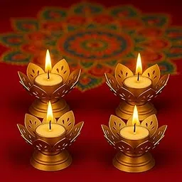 Amazon Brand – Umi Lotus Tealight Holder Set of 4pcs Hand‑Crafted Metal Candle Stand in Luxe Matte‑Gold Finish, Decorative Lotus Diya for Diwali, Home, Temple, Festive & Tabletop-image-58
