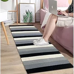 GLOY Hand Woven Pure Cotton Reversible Bedside Runner,Carpet,Rugs (2x5 Feet) (60cm x 152xm) for Bedroom/Livingroom/Guestroom/Office/Kitchen/Yoga/Multipurpose (Grey Black Multi)-image-0
