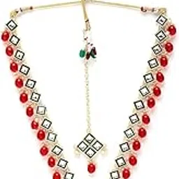 Unique Gold Plated Red Kundan Studded Long Necklace Set With Earrings & Maangtika | Jewellery Set For Women (NS104916)-image-15