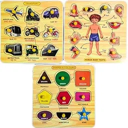 RaaHut Wooden Educational Puzzle Combo – 3-in-1 Transport, Human Body and Shapes & Colours Boards for Toddlers (19 × 19 × 1 cm)-picture-45