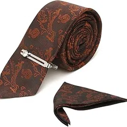 Mens Coffee Brown Necktie Printed Italian Silk Suit Tie with Chrome Pin and Pocket Square Gift Set Free Size (Wooden Box) (Suit Accessories) (Czech)-image-45