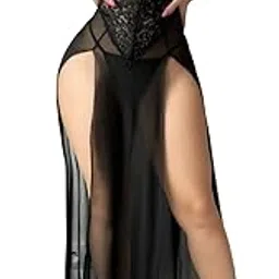 women data Premium Black Lace Mosaic High Slit See-Through Negligee for Women Imported Sheer Mesh Long Dress Nightwear Sultry Lace Transparent Robe Gown Soft Exquisite Sleepwear for Couples Honeymoon-picture-28