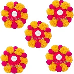 Evisha Artificial Flowers Tealight Holders Rangoli Mats Diwali Decoration with 5 Wax Tea Lights, Perfect for Diwali, Wedding, and Festival Decorations - Elegance to Your Home Décor- 5 Pcs-picture-17