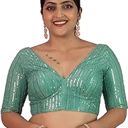 Women's Sequin Embroidered V Neck Elbow Half Sleeve Readymade Saree Blouse Indian Ethnic Designer Stitched Plus Size Top Padded Lavender Pink Blue Silver Black Gold Red Green | E1-image-23