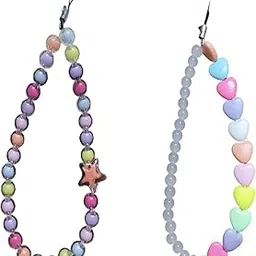 M.F.H Multi Color Multi Design Cute Fimo Beads Phone Chain Pearl Mobile Phone Charm Cell Phone Accessories for Women and Girls STAR AND HEART (PACK OF 2) COMBO-picture-54