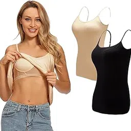 fshway Womens Camisole with Built in Bra Padded Tops Seamless Bra Stretchy Layering Cotton Cami Summer Tank Tops Workout Removable Padding Cami Shelf Bra-picture-18