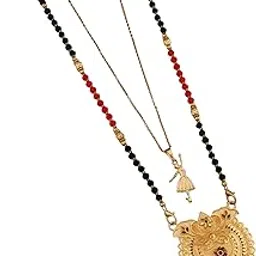 Women's Gold Plated Floral Motif Mangalsutra with Red and Green Enamel Accents and Ballerina Pendant Layered Necklace Set, Traditional Black Beaded Wedding Jewelry-MD-072-image-70