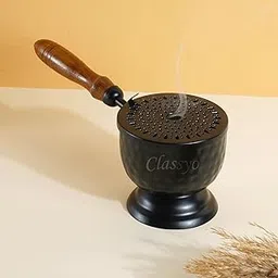 Classyo Metal Dhoop Holder with Wooden Handle | Dhup Dani Loban Burner | Doopam Sambrani Holder | Loban Dhuni Burner for Puja | Sambrani Dhoop Stand (Round, 4.5 Inch)-picture-26