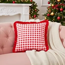 BAND BOX Red Checks Christmas Cushion Cover 16 X 16 Inch for Living Room Sofa, Decorative Throw Pillow Cover, Multi Colours, Christmas Holiday Theme (1, Red and White)-picture-32