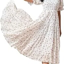 kzully | Dress for Women | Smocked Midi | Puff Sleeve Tiered Fit & Flare | Floral Print Summer-picture-20