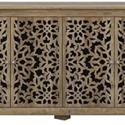 ND INTERNATIONAL Modern Solid Wood Sideboard with 4 Floral Carved Doors Decorative Storage Cabinet in Oak & Black Finish Living Room, Dining Room, or Bedroom-image-1