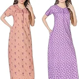 niloufo Women’s Cotton Maxi Nightgown with Pockets – Pack of 2 Soft Sleep Dresses – Long Nighty with Piping – Comfortable Cotton Loungewear for Women-picture-32