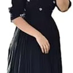 Women's Black Midi Dress, V-Neck, Short Puff Sleeves, Button Details, Casual Wear-picture-31