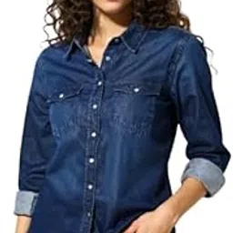 Women's Denim Shirt Solid Blue Regular Fit Long Sleeve Collared Neck Button Down Stylish Casual Wear and Western Outfit for Girls-image-5