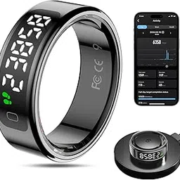 Smart Ring Health Tracker for Men/Women with LED Dispay Screen,Fitness Ring Sleep Tracker,Fast Charging,for Pedometer Exercise,Monitor Sleep,Heart Rate, Stress,Waterproof (Black, 10) image 1