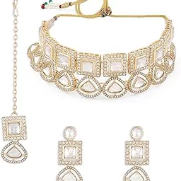 zaveri pearls Gold Tone Austrian Diamonds Artificial Stones Bridal Choker Necklace Earring & Maangtikka Set For Women-ZPFK17074-picture-33