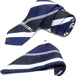 Mens Lined Blue Stripes Italian Silk Necktie Set With Pocket Square and Silver Chrome Pin (Suit Accessories) (Czech)-image-62