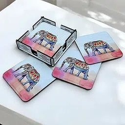 P Arts Wooden Coasters for Cups Set of 6 - Elephant Printed Coster Set for Dining Table for Hot Pots, Dining Table Decor Accessories-picture-38