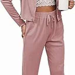 faig Women Waffle Loungewear, Round Neck Home Wear Long Sleeve Loose Pure Color for Home (S) Pink-picture-35