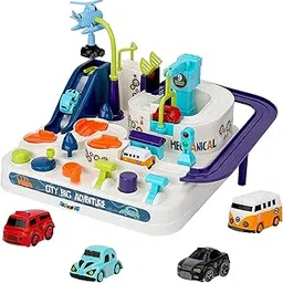 Kidology Car Race Tracks Toy | Car Adventure Toy for 0-3 Years, Boys, Girls & Kids | Playset City Rescue Activity for Toddlers | Pre Educational Learning Puzzle Gift for Babies (Mechanical 4 Cars)-image-1