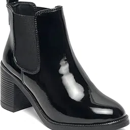 bruno manetti Women's Slipon with Both Side Elastic Patent Leather TPR Sole Round Toe Ankle Length Comfort Mid Top Heel Boots-picture-58