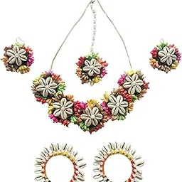 Your Handmade Store Multicolour Seashell(Kodi) flower jewellery set- Necklace, Earings, Maangtika, Bangles for Girls/Women for Haldi/mehandi/wedding/baby shower/sangeet-picture-38
