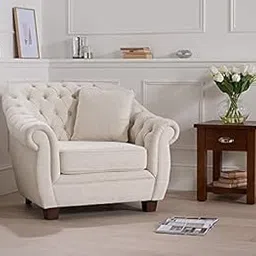 VILNIUS Dream Solid Sal Wood Fabric Upholstered Button Tufted Chesterfield 1 Seater Sofa Set for Living Room, Off White Color-image-80